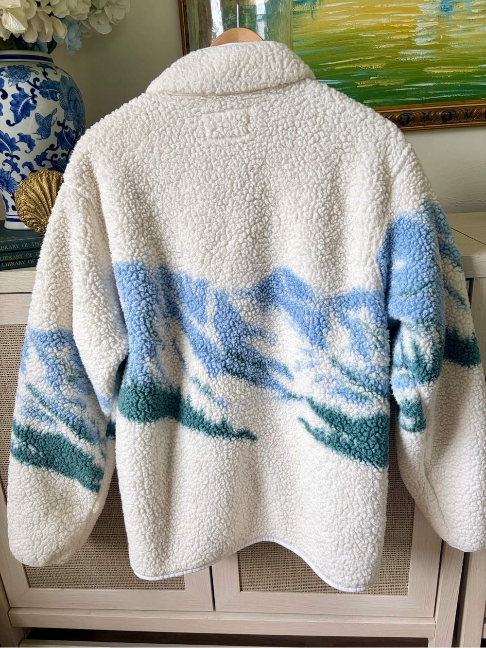 Goodfellow & Co Cream Sherpa Zip-Up Jacket with Blue, Green & Red Scenic Print - Picture 7 of 7